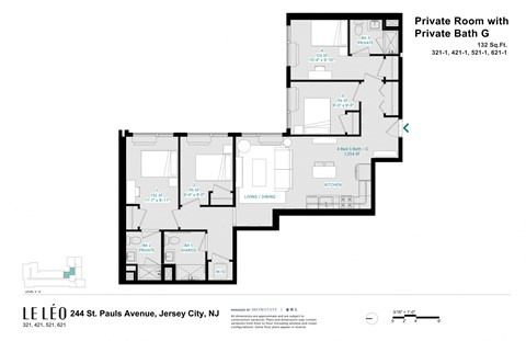 Floor plan for 1 bed, 1 bath, 132 sqft